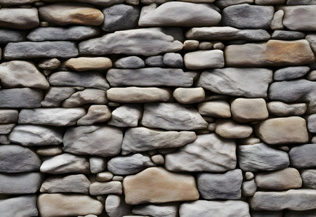 close-up view of rough stone wall. The wall is made of different stones, each with its own unique texture and shape. Generate AIの素材