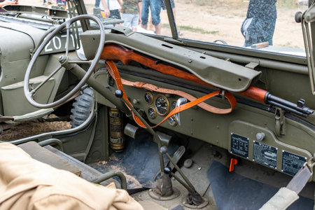 Hodonin - Panov, Czech Republic - July 20, 2022 Military Day Hodonin - Panov. Historical and contemporary military equipment Jeep gun storageのeditorial素材