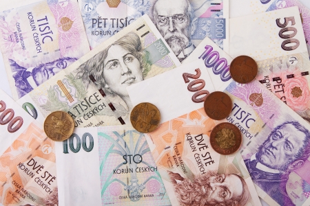 Various Czech banknotes money on white backgroundの写真素材