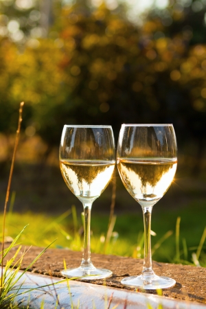 Two glasses of wine at sunsetの写真素材