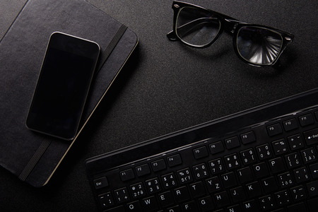 Business work place with equipment, top viewの写真素材