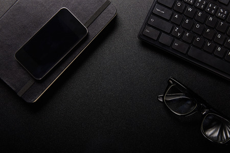 Business work place with equipment, top viewの写真素材