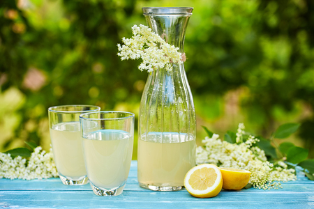 Two glasses and a carafe of elderflower lemonade on tableの写真素材