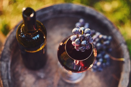 Glass of red wine with bottle, top viewの写真素材