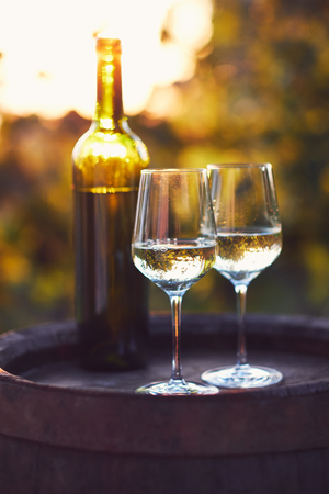 Two glasses of white wine and a bottle at sunsetの写真素材