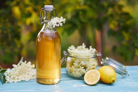 Bottle of elderflower syrup and elderberry flowers on wooden tableの写真素材