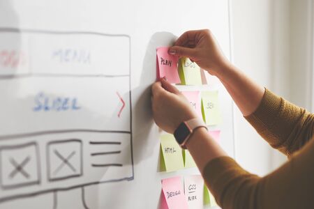 Female web designer planning website ux app development on whiteboardの写真素材
