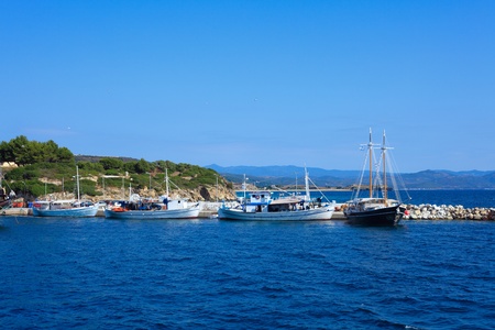 Boats near Ouranopolis, Athos Peninsula, Mount Athos, Chalkidiki, Greeceの写真素材