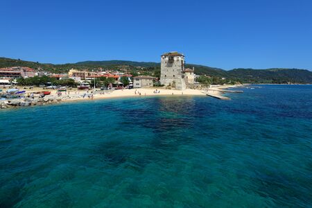 Phospfori tower in Ouranopolis, Athos Peninsula, Mount Athos, Chalkidiki, Greeceの写真素材