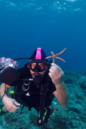 Diver and sea star, Maldivesのeditorial素材