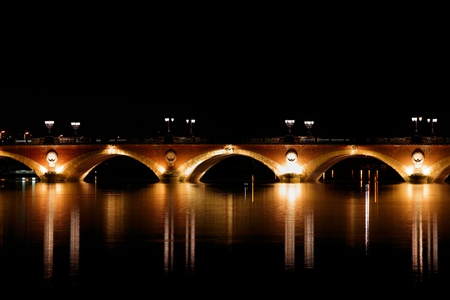 Night view of The Pont de pierre (Stone Bridge) (1819-1822), Bordeaux, Franceの写真素材