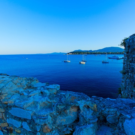 Aerial view from Old fortress on the marina with yachts, Kerkyra, Corfu island, Greeceの写真素材