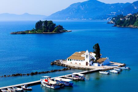 Sunset scene of Vlacherna monastery, Kanoni, Corfu, Greeceのeditorial素材