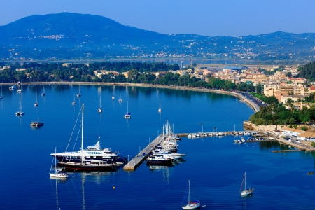 Aerial view from Old fortress on the marina with yachts, Kerkyra, Corfu island, Greeceの写真素材