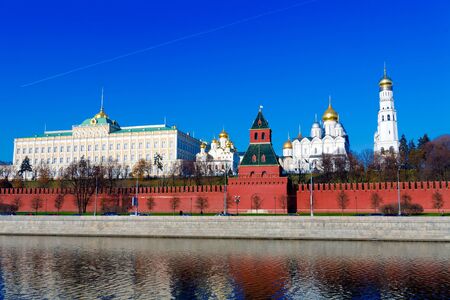 Landscape of Moscow Kremlin with Palace and Cathedrals near Moskva River, Russiaの写真素材