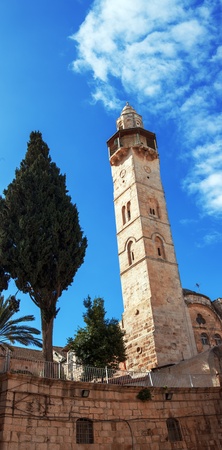 Minaret of Mosque of Omar in the courtyard of Church of the Holy Sepulcher, Jerusalemの写真素材