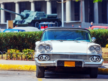 Vintage White car on the street of old city, Havana, Cubaのeditorial素材