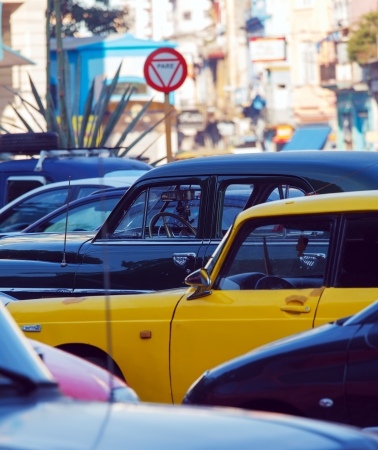 Vintage Taxi Cars on the Street of Old City, Havana, Cubaのeditorial素材