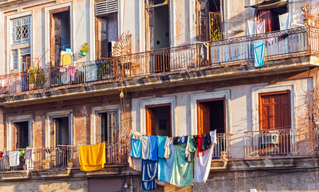 Fresh laundry on the balcony of old home, Havana, Cubaのeditorial素材