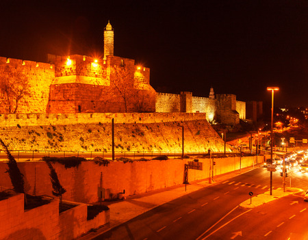 Ancient Citadel inside Old City at Night, Jerusalem, Israelのeditorial素材
