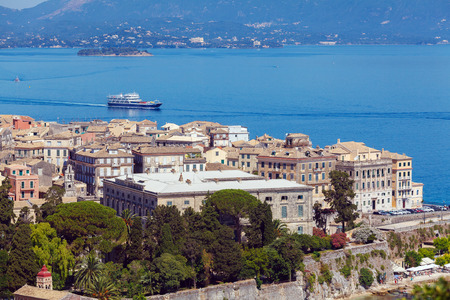 Aerial view from Old fortress on the city with  New Fortress, Kerkyra, Corfu island, Greeceのeditorial素材