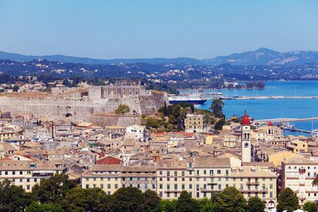 Aerial view from Old fortress on the city with  New Fortress, Kerkyra, Corfu island, Greeceのeditorial素材