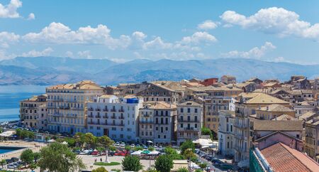 Aerial view from New fortress on the city with Od fortress before sunset, Kerkyra, Corfu island, Greeceの写真素材