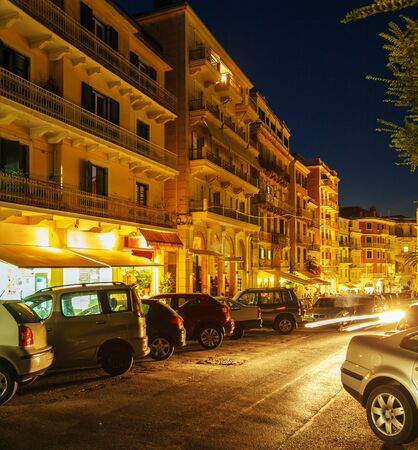 Typical buildings at night, Corfu city, Greeceの写真素材