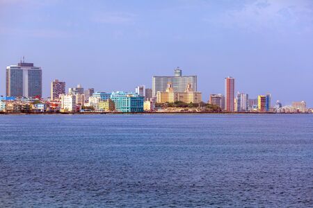Skyline of modern Havana and Caribbean sea, Cuba