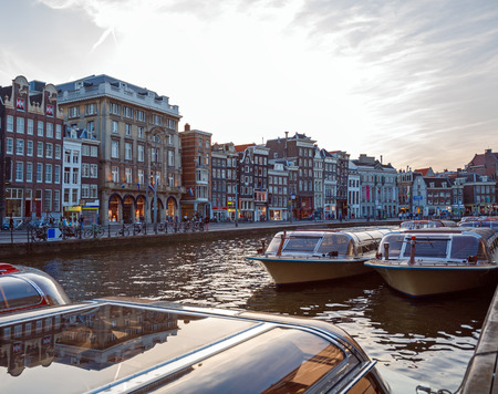 Vintage Houses and Boats on Canals System after Sunset, Amsterdamのeditorial素材