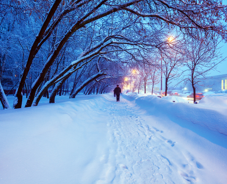 Illuminated Night Winter City Sceneの写真素材
