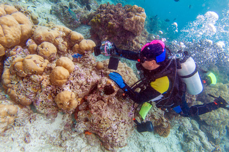 Free-diver with camera, Maldivesの写真素材