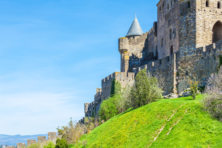 Walls and towers of famous medieval city, Carcassonne, Franceのeditorial素材