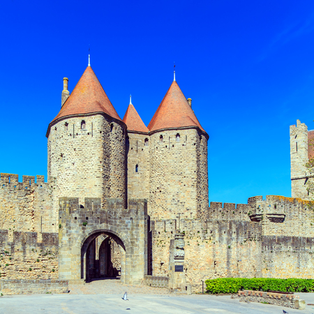 Walls and towers of famous medieval city, Carcassonne, Franceのeditorial素材