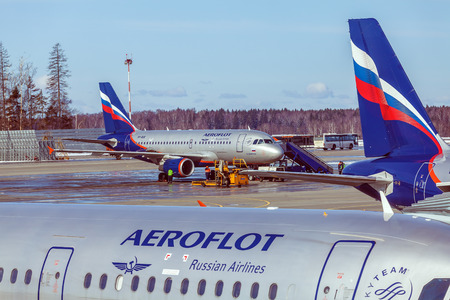 MOSCOW, RUSSIA - MARCH 22, 2012: Airbus A320 of Aeroflot company at the airport Sheremetyevoのeditorial素材