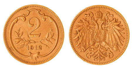 Bronze 2 heller 1912 coin isolated on white background, Austriaの写真素材
