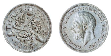 Silver 3 pence 1933 coin isolated on white background, Great Britainの写真素材