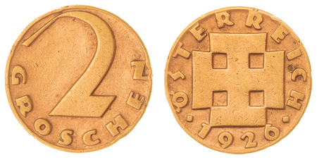 Bronze 2 groschen 1926 coin isolated on white background, Austria