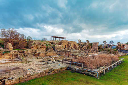 Ruins of Antique Harbor before Sunset, Caesarea Maritima, Israelの写真素材