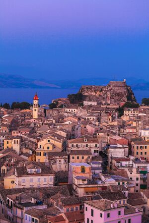 Aerial view from New fortress on the city at night, Corfuの写真素材