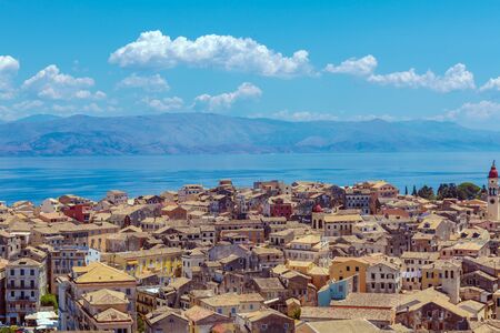 Aerial view from New fortress with antique roofs, Corfu cityの写真素材