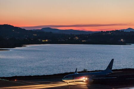 CORFU AIRPORT, GREECE - JULY 1, 2011: Boeing 767 of Thomson company at the airport Corfuのeditorial素材