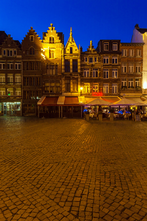 Vintage Houses near Cathedral of Our Lady at night, Antwerp, Belgiumのeditorial素材