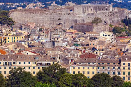 Aerial view from Old fortress on the city with  New Fortress, Kerkyra, Corfu island, Greeceのeditorial素材
