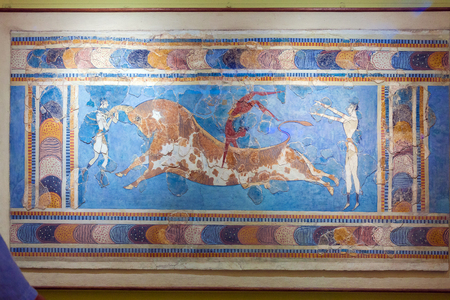 HERAKLION, GREECE - AUGUST 3, 2012: Bull leaping fresco from Knossos palace in archeological Museum of Heraklionのeditorial素材