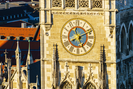 Clock of The New Town Hall (Neues Rathaus) on Marienplatz in Munich city, Bavaria, Germanyの写真素材