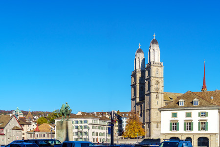 The Grossmunster Romanesque-style Protestant church, landmark of Zurich, Switzerlandのeditorial素材
