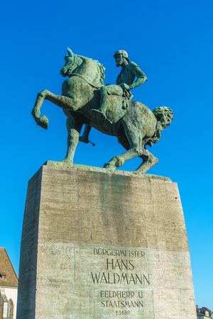 The equestrian monument to Hans Waldmann (1937), mayor of Zurich and a Swiss military leader, Switzerlandのeditorial素材