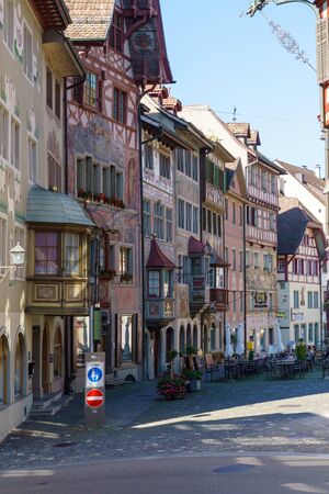 Stein am Rhein, Switzerland - October 16, 2017: Streets of old city center with Painted housesのeditorial素材