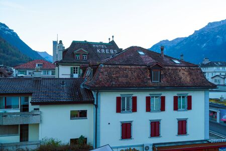 Interlaken, Switzerland - October 17, 2017: Traditional houses on the central shopping street of the city, center of Berner Oberlandのeditorial素材